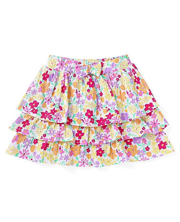 Babyhug Single Jersey Knit Frill Sleeves Solid Colour Top & Floral Printed Layered Skirt - Yellow
