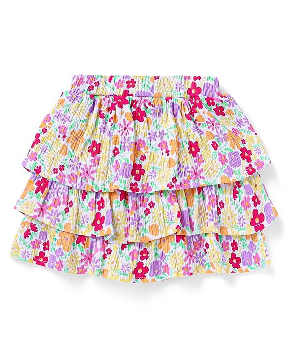 Babyhug Single Jersey Knit Frill Sleeves Solid Colour Top & Floral Printed Layered Skirt - Yellow