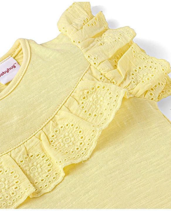 Babyhug Single Jersey Knit Frill Sleeves Solid Colour Top & Floral Printed Layered Skirt - Yellow