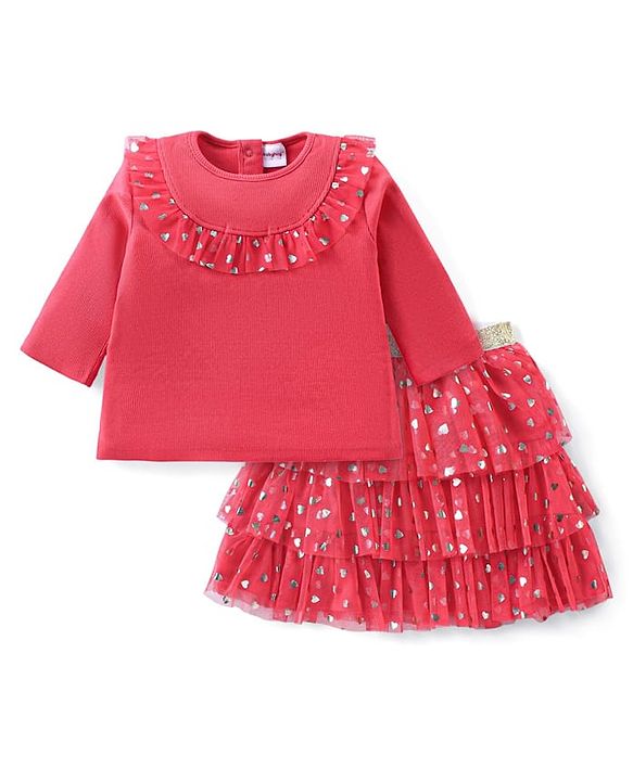 Babyhug Cotton Knit Full Sleeves Top & Layered Skirt Set With Hearts Print - Red