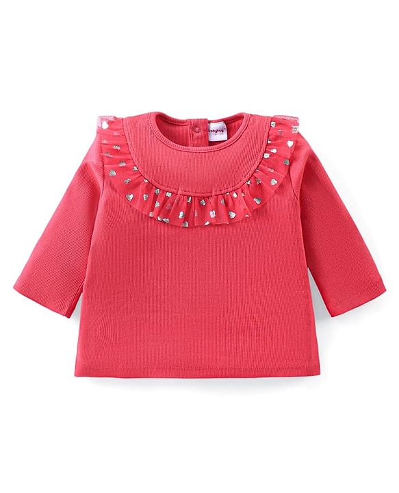 Babyhug Cotton Knit Full Sleeves Top & Layered Skirt Set With Hearts Print - Red