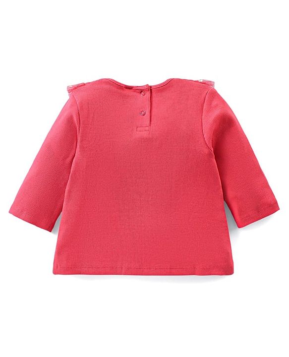 Babyhug Cotton Knit Full Sleeves Top & Layered Skirt Set With Hearts Print - Red