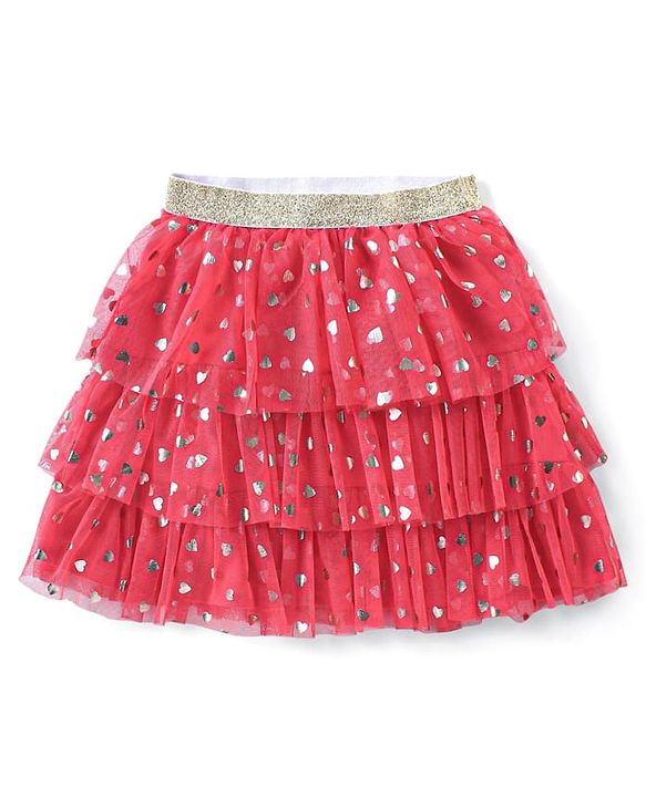 Babyhug Cotton Knit Full Sleeves Top & Layered Skirt Set With Hearts Print - Red