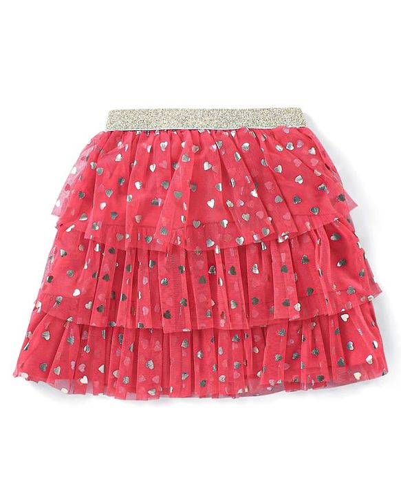 Babyhug Cotton Knit Full Sleeves Top & Layered Skirt Set With Hearts Print - Red