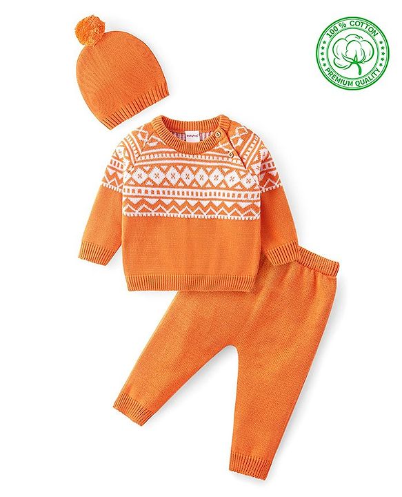 Babyhug Cotton Knit Full Raglan Sleeves Sweater Set with Cap Aztec Design - Orange & White