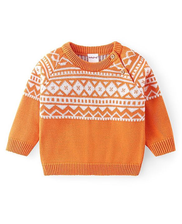 Babyhug Cotton Knit Full Raglan Sleeves Sweater Set with Cap Aztec Design - Orange & White