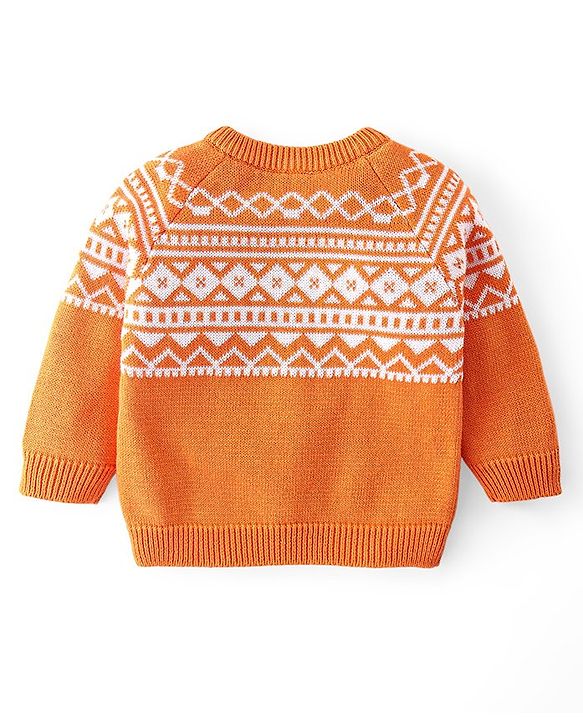 Babyhug Cotton Knit Full Raglan Sleeves Sweater Set with Cap Aztec Design - Orange & White
