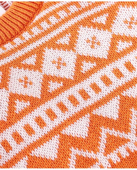 Babyhug Cotton Knit Full Raglan Sleeves Sweater Set with Cap Aztec Design - Orange & White