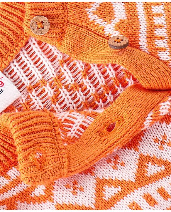 Babyhug Cotton Knit Full Raglan Sleeves Sweater Set with Cap Aztec Design - Orange & White