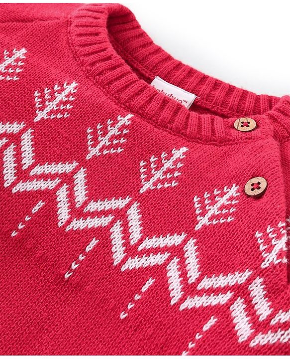 Babyhug Knitted Full Raglan  Sleeves Pullover Sweater Set with Cap &  Christmas Tree Design - Red
