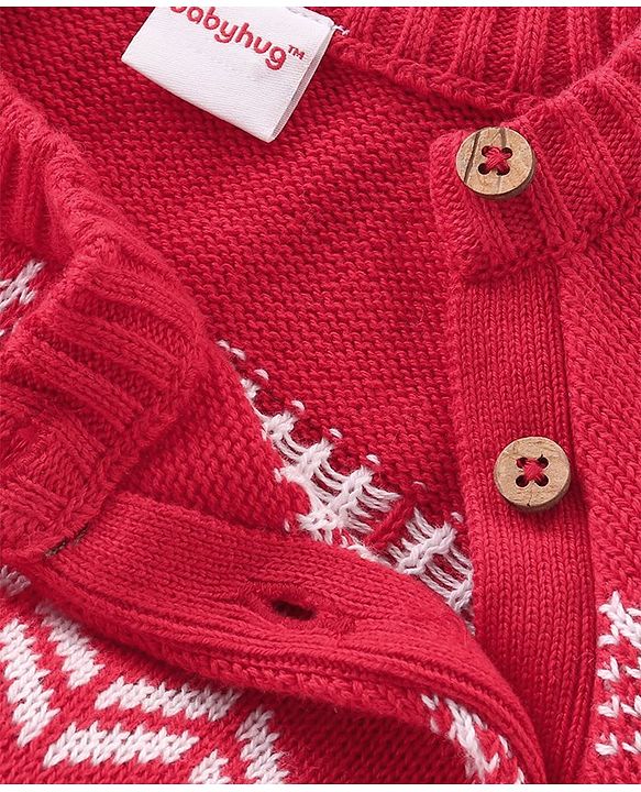 Babyhug Knitted Full Raglan  Sleeves Pullover Sweater Set with Cap &  Christmas Tree Design - Red
