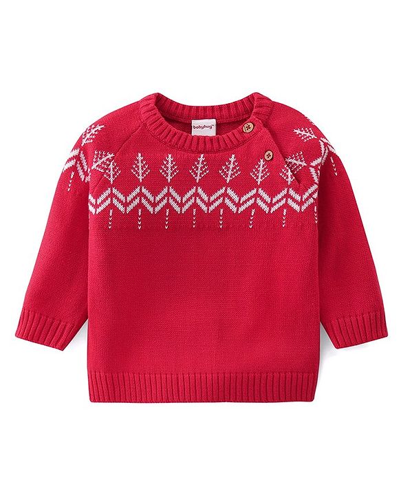 Babyhug Knitted Full Raglan  Sleeves Pullover Sweater Set with Cap &  Christmas Tree Design - Red