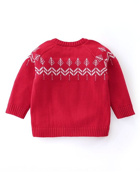 Babyhug Knitted Full Raglan  Sleeves Pullover Sweater Set with Cap &  Christmas Tree Design - Red
