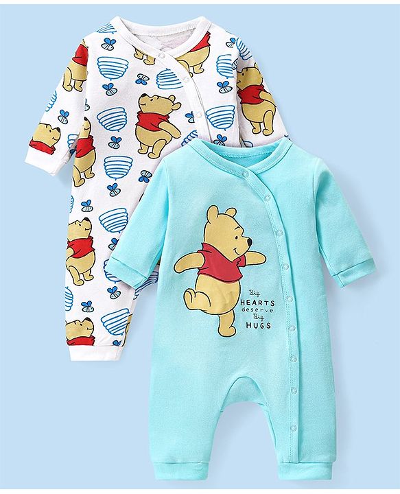 Babyhug Disney Interlock Knit Full Sleeves Sleep Suits With Winnie The Pooh Graphics Pack Of 2 - White & Blue