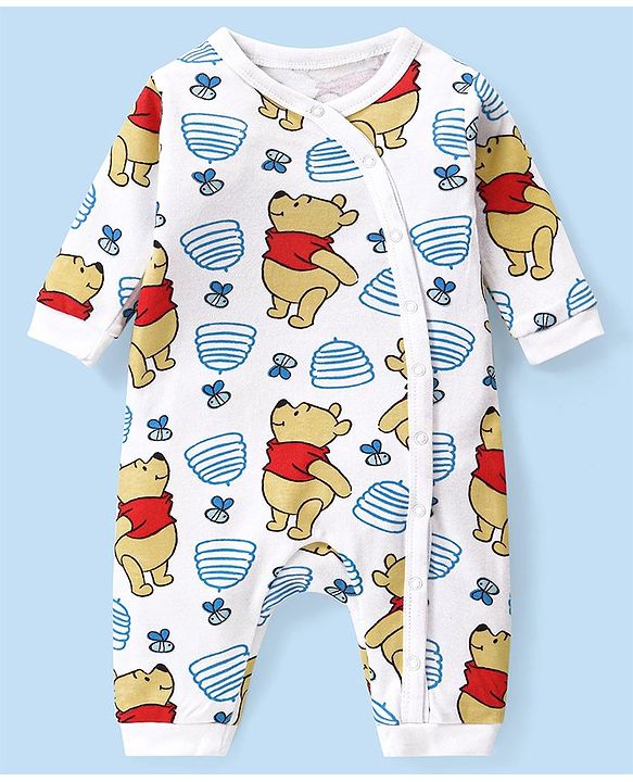 Babyhug Disney Interlock Knit Full Sleeves Sleep Suits With Winnie The Pooh Graphics Pack Of 2 - White & Blue