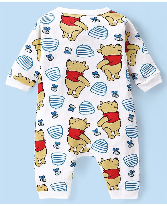 Babyhug Disney Interlock Knit Full Sleeves Sleep Suits With Winnie The Pooh Graphics Pack Of 2 - White & Blue