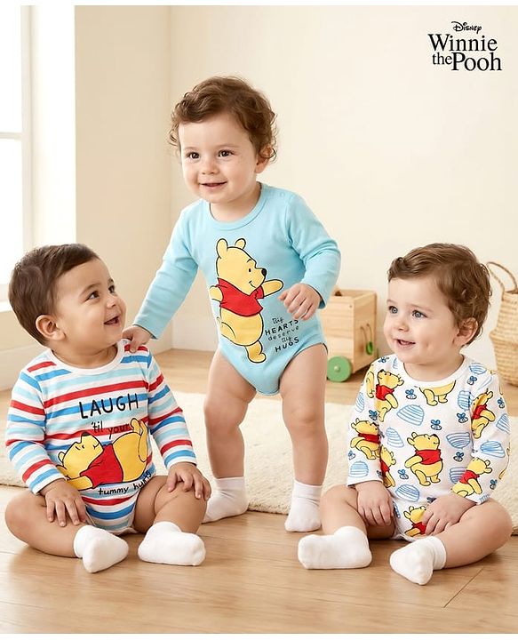 Babyhug Disney Interlock Knit Full Sleeves Striped & Winnie The Pooh Graphics Onesies Pack of 3 - Light Blue & White