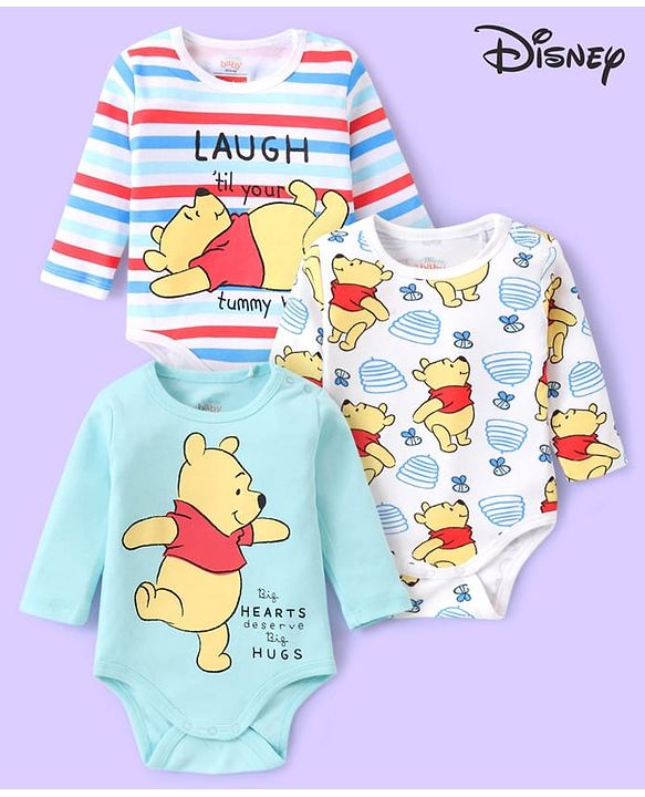 Babyhug Disney Interlock Knit Full Sleeves Striped & Winnie The Pooh Graphics Onesies Pack of 3 - Light Blue & White