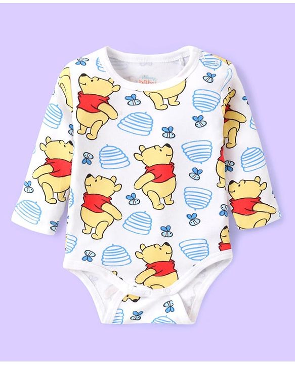 Babyhug Disney Interlock Knit Full Sleeves Striped & Winnie The Pooh Graphics Onesies Pack of 3 - Light Blue & White