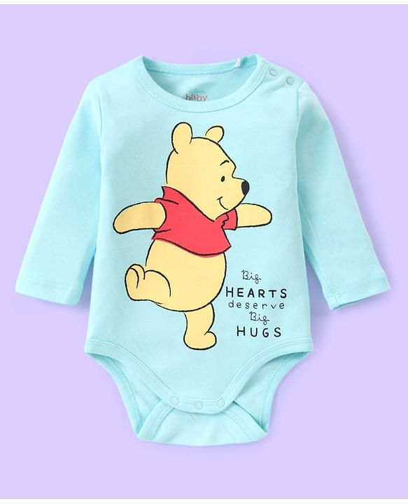 Babyhug Disney Interlock Knit Full Sleeves Striped & Winnie The Pooh Graphics Onesies Pack of 3 - Light Blue & White