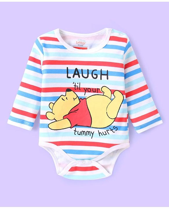 Babyhug Disney Interlock Knit Full Sleeves Striped & Winnie The Pooh Graphics Onesies Pack of 3 - Light Blue & White