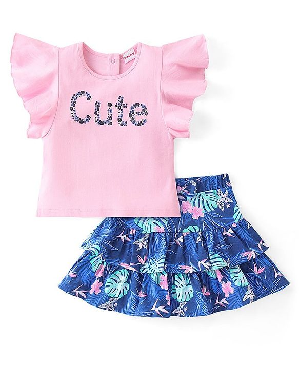 Babyhug Cotton Knit Flutter Sleeves Floral Printed Top & Skirt Set - Pink & Blue