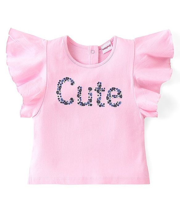 Babyhug Cotton Knit Flutter Sleeves Floral Printed Top & Skirt Set - Pink & Blue