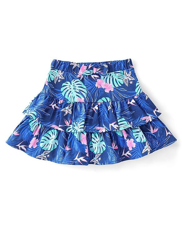 Babyhug Cotton Knit Flutter Sleeves Floral Printed Top & Skirt Set - Pink & Blue