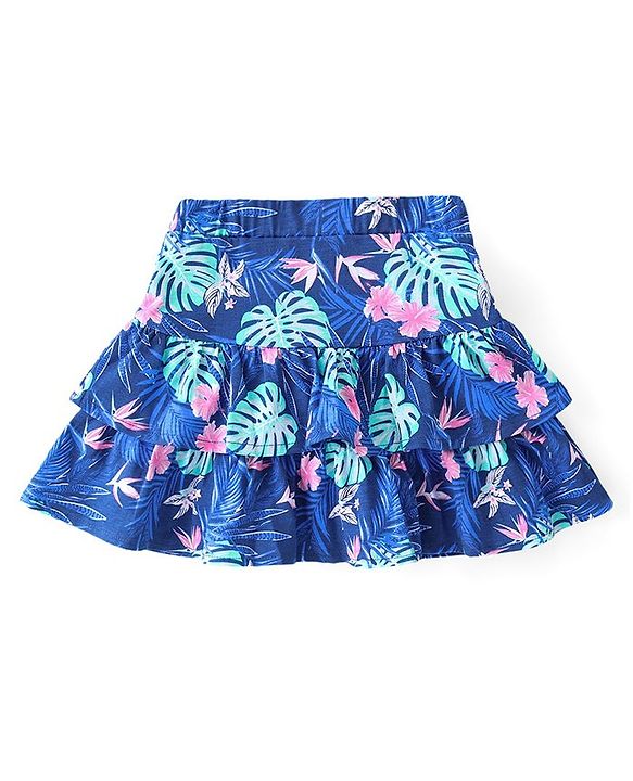 Babyhug Cotton Knit Flutter Sleeves Floral Printed Top & Skirt Set - Pink & Blue