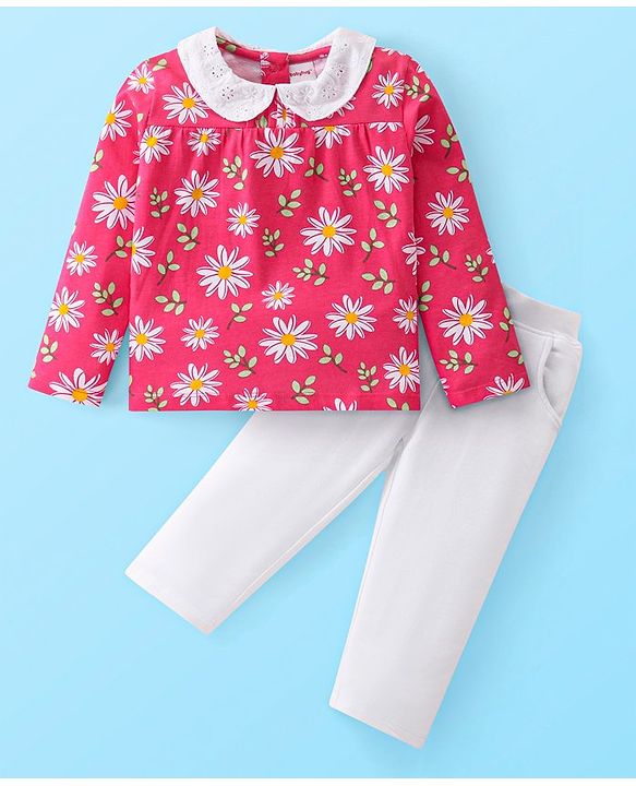Babyhug Single Jersey Knit Full Sleeves Floral Printed Top & Leggings Set - Red & White