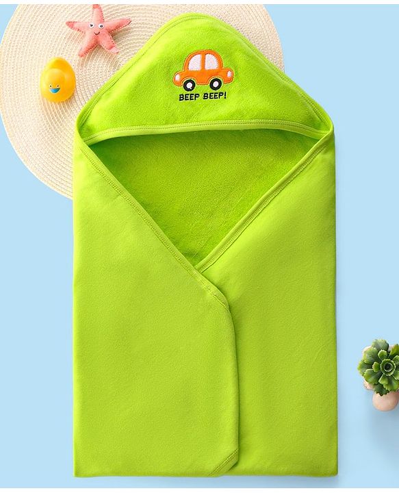Babyhug Hooded Terry Towel Car Embroidery L 75 x B 75 cm - Green