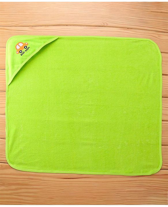 Babyhug Hooded Terry Towel Car Embroidery L 75 x B 75 cm - Green