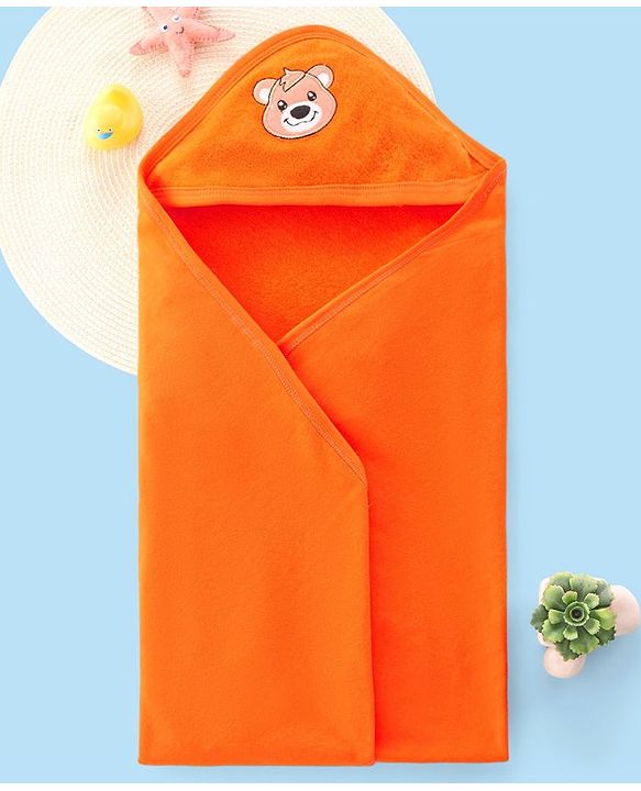 Babyhug Terry Hooded Towel Bear Embroidery - Orange