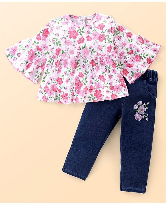 Babyhug Cotton Knit Half Sleeves Top & Denim Jeans Set With Floral Print & Embroidery - White & Blue
