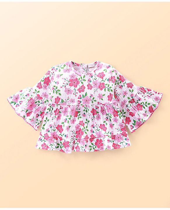 Babyhug Cotton Knit Half Sleeves Top & Denim Jeans Set With Floral Print & Embroidery - White & Blue