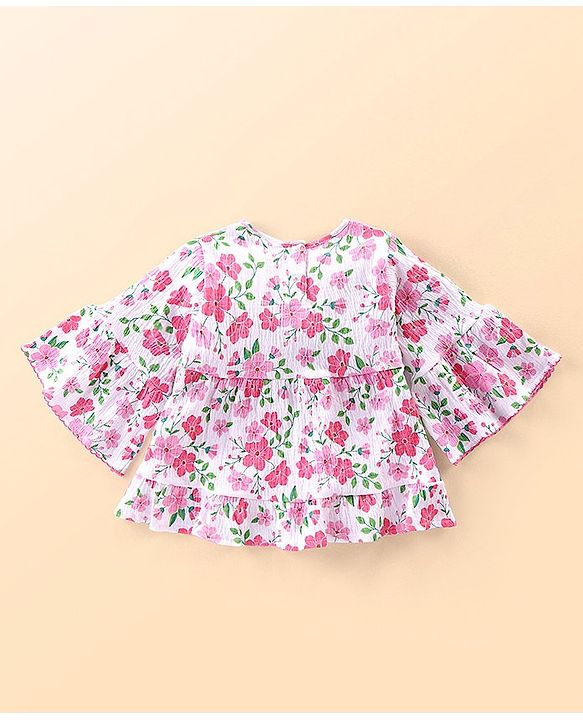 Babyhug Cotton Knit Half Sleeves Top & Denim Jeans Set With Floral Print & Embroidery - White & Blue