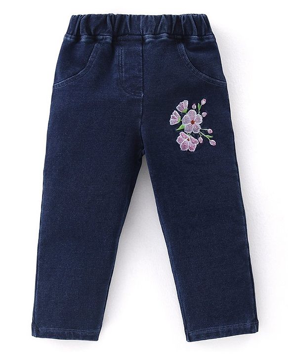 Babyhug Cotton Knit Half Sleeves Top & Denim Jeans Set With Floral Print & Embroidery - White & Blue