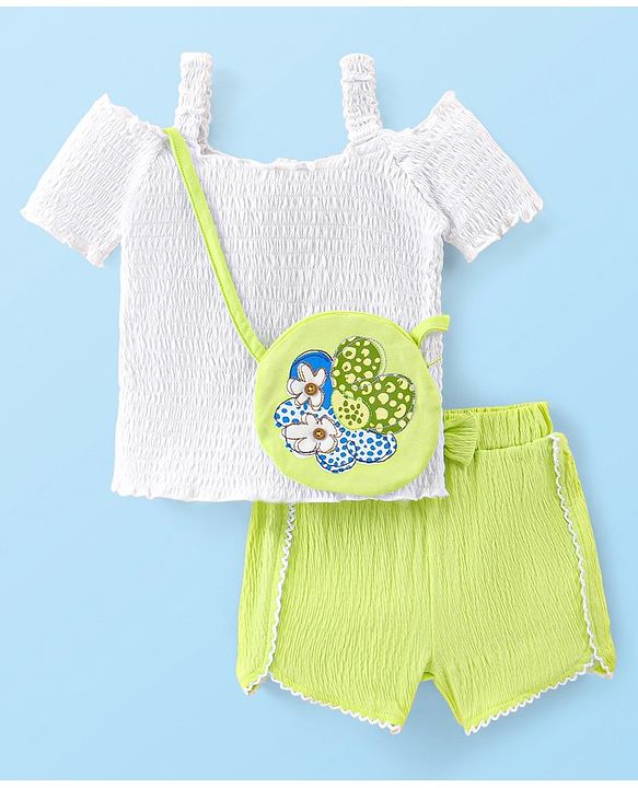Babyhug Cotton Knit Cold Shoulder Smocking Detailing Top & Crinkle Shorts Set With Floral Sling Bag - White & Green