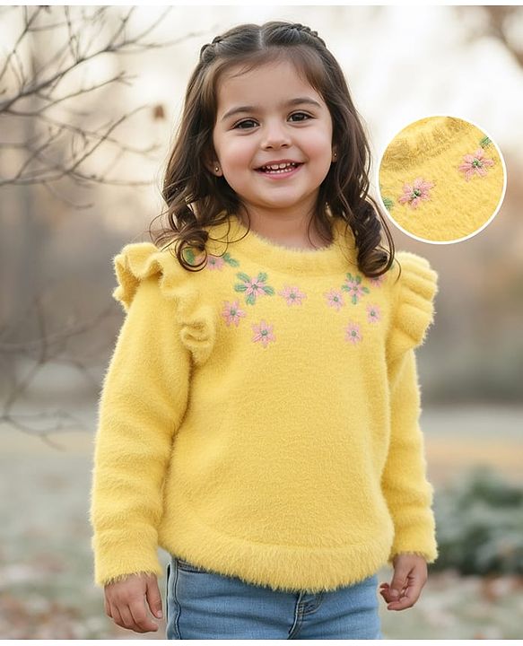 Babyhug Knitted Full Sleeves Extra Soft Hairy Eyelash Yarn Pullover Sweater With Floral Embroidery & Frill Detailing - Yellow