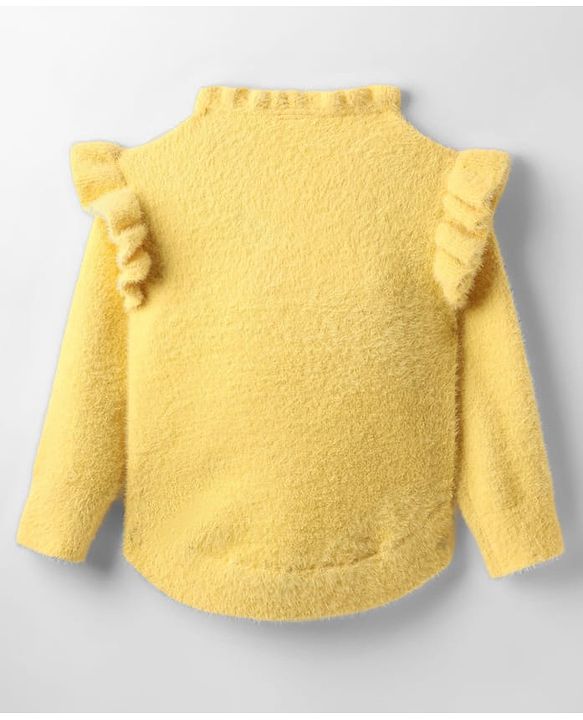Babyhug Knitted Full Sleeves Extra Soft Hairy Eyelash Yarn Pullover Sweater With Floral Embroidery & Frill Detailing - Yellow