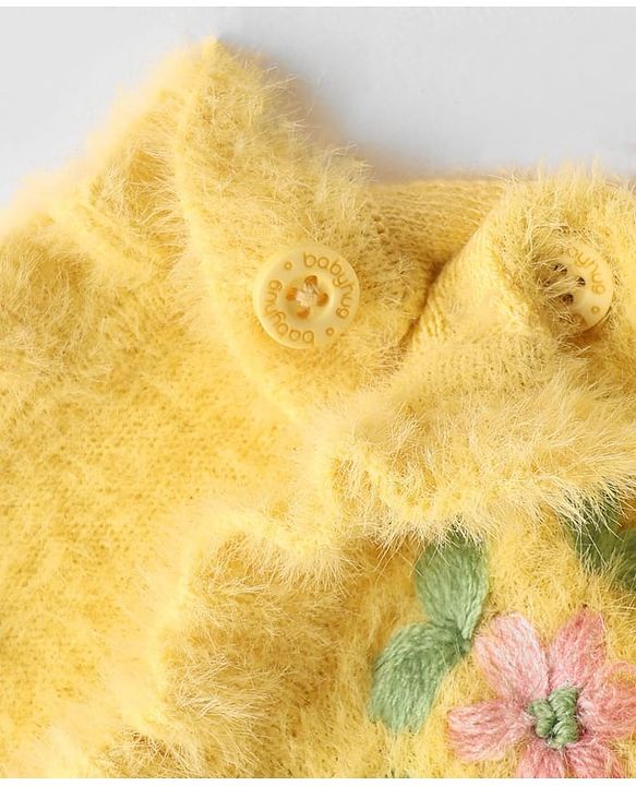 Babyhug Knitted Full Sleeves Extra Soft Hairy Eyelash Yarn Pullover Sweater With Floral Embroidery & Frill Detailing - Yellow