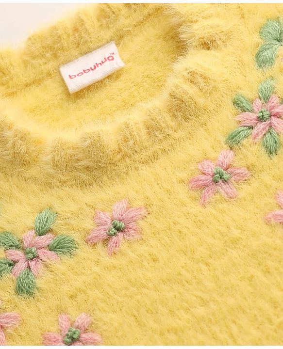 Babyhug Knitted Full Sleeves Extra Soft Hairy Eyelash Yarn Pullover Sweater With Floral Embroidery & Frill Detailing - Yellow