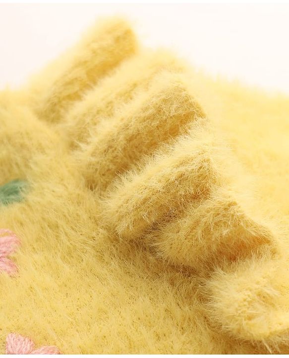 Babyhug Knitted Full Sleeves Extra Soft Hairy Eyelash Yarn Pullover Sweater With Floral Embroidery & Frill Detailing - Yellow