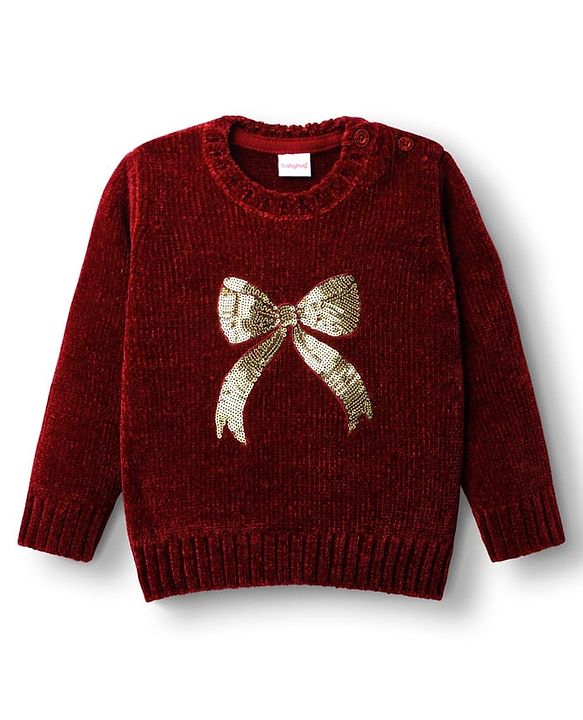 Babyhug Knitted Full Sleeves Soft Chenille Yarn Pullover Sweater With Sequin Detailing - Maroon