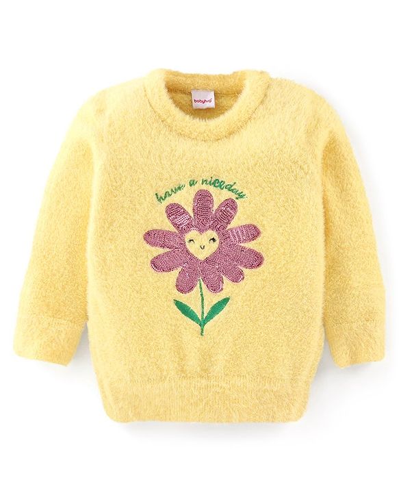 Babyhug Knitted Full Sleeves Pullover Sweater with Floral Design - Yellow