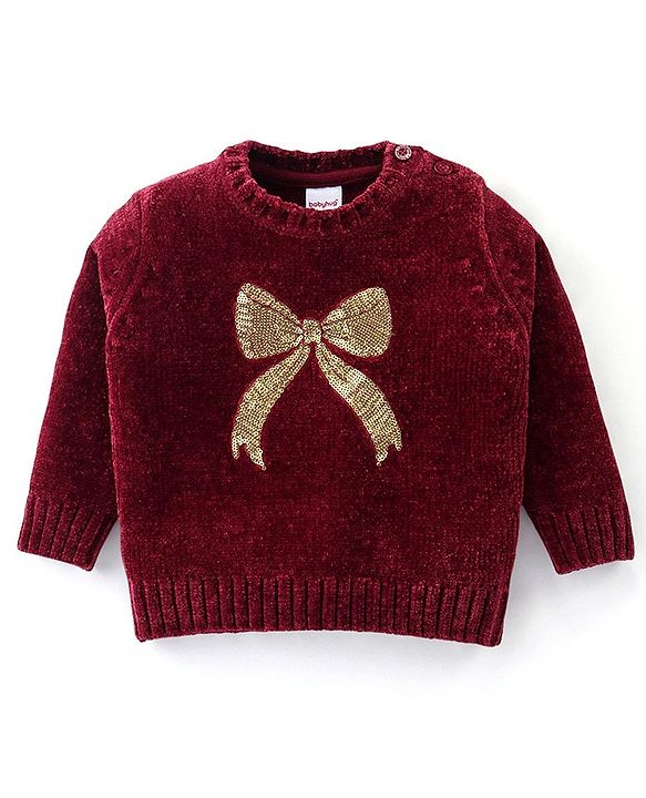 Babyhug Knitted Full Sleeves Pullover Sweater With Bow Design & Sequined - Maroon