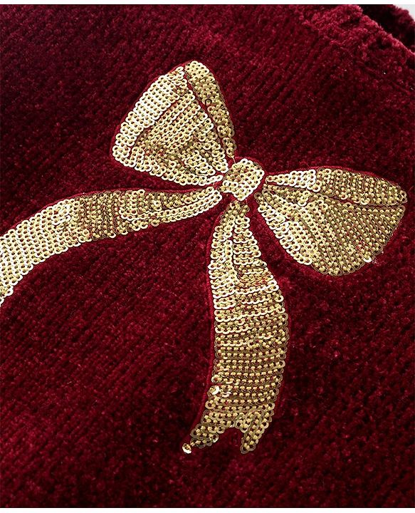 Babyhug Knitted Full Sleeves Pullover Sweater With Bow Design & Sequined - Maroon