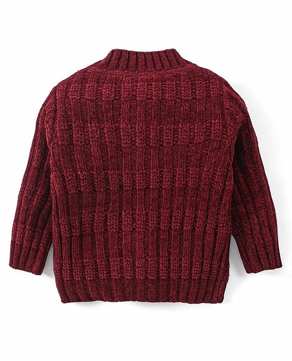 Babyhug Knitted Full Sleeves Front Open Sweater with Text Embroidery - Maroon