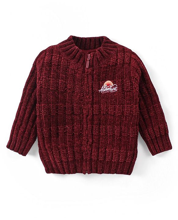 Babyhug Knitted Full Sleeves Front Open Sweater with Text Embroidery - Maroon