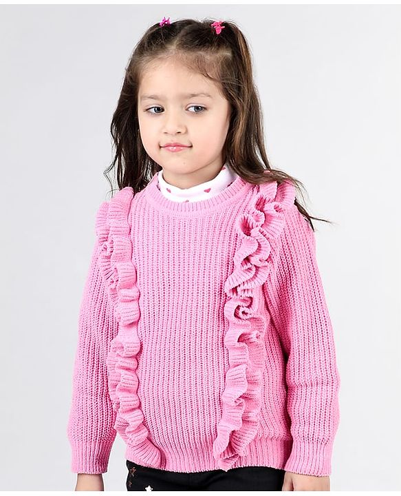 Babyhug Knitted Full Sleeves Pullover Sweater with Frill Detailing -Pink